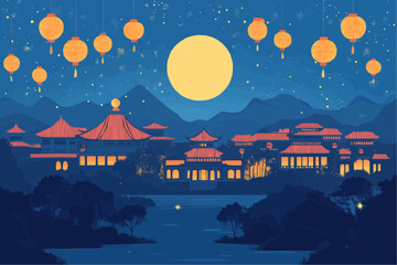 An atmospheric illustration of a cityscape at night with full moon, decorated with lanterns. It's a beautiful, serene and peaceful scene with the buildings illuminated with soft light. 