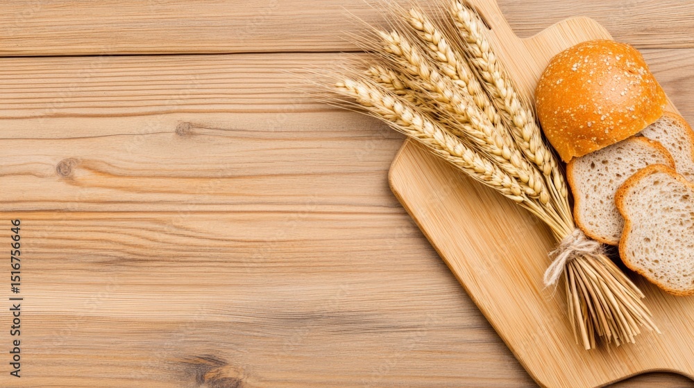 Poster fresh bread and wheat stalks arranged on a wooden surface with space for text