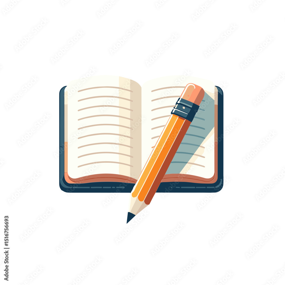 Poster vector illustration of an open notebook with a pencil, symbolizing writing and organization
