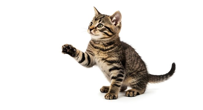 Playful Tabby Kitten Reaching Up, Isolated on White