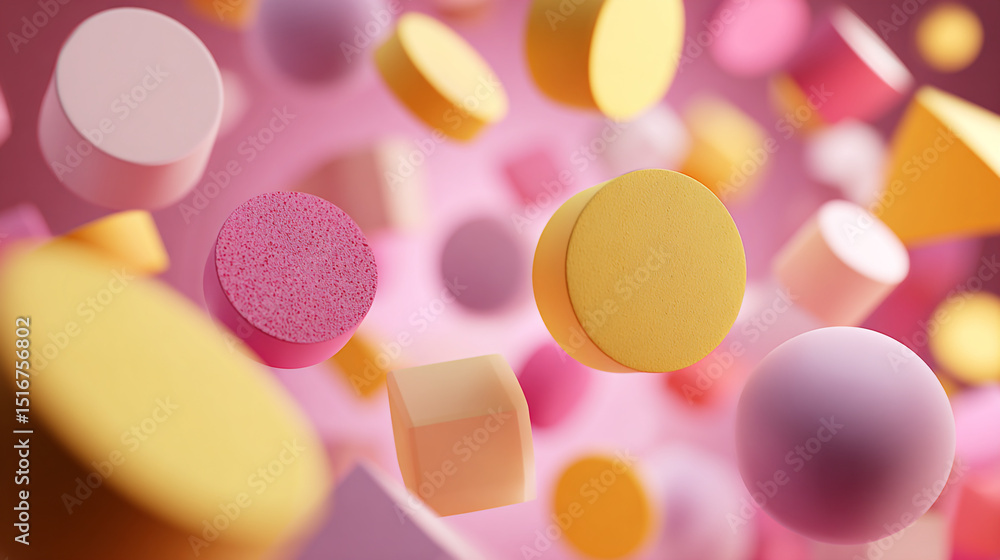 Poster abstract composition of floating geometric shapes in pastel colors on a pink gradient background