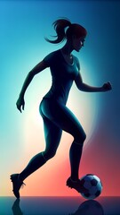 Silhouette of a female soccer player dribbling the ball on the field during a game