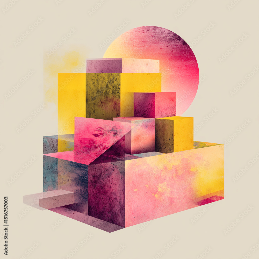 Poster abstract composition of colorful cubes arranged in a stepped formation with a circular backdrop