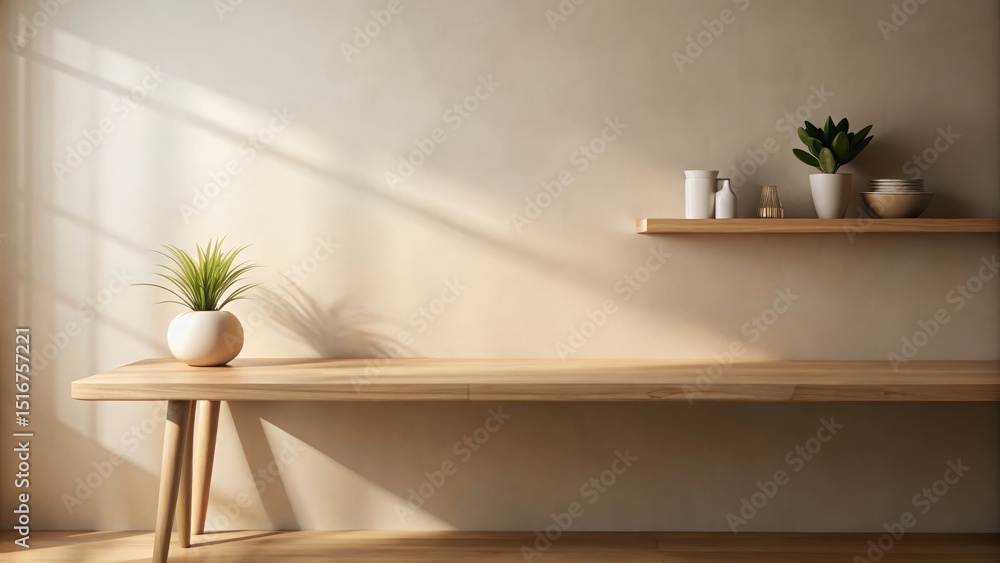 Aufkleber Sunlight streams through a window, illuminating a minimalist interior featuring a long wooden table and a floating shelf displaying simple home decor