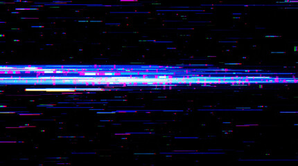 Abstract digital glitch effect with horizontal neon light trails on dark background, evoking a high tech or sci fi aesthetic.