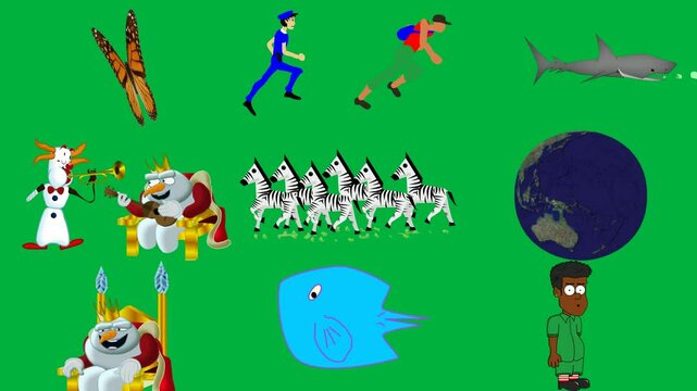 monarch butterfly green screen two people running shark mouth open snowman dog playing music together group zebras background earth rotating cartoon character sitting top throne blue fish.