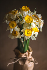 Wilting daffodils with yellow and white petals and green stems bundled in brown paper tied with twine, creating a melancholic still life against a brown backdrop