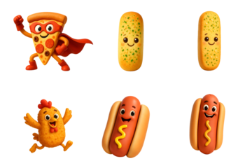 An assortment of fun food characters including a superhero pizza, happy hot dogs, a playful chicken nugget, and cheerful garlic bread, perfect for children's designs and playful th