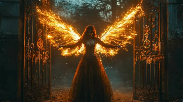 A powerful woman with fire wings stands confidently in front of a mystical open gate, radiating strength and magic.