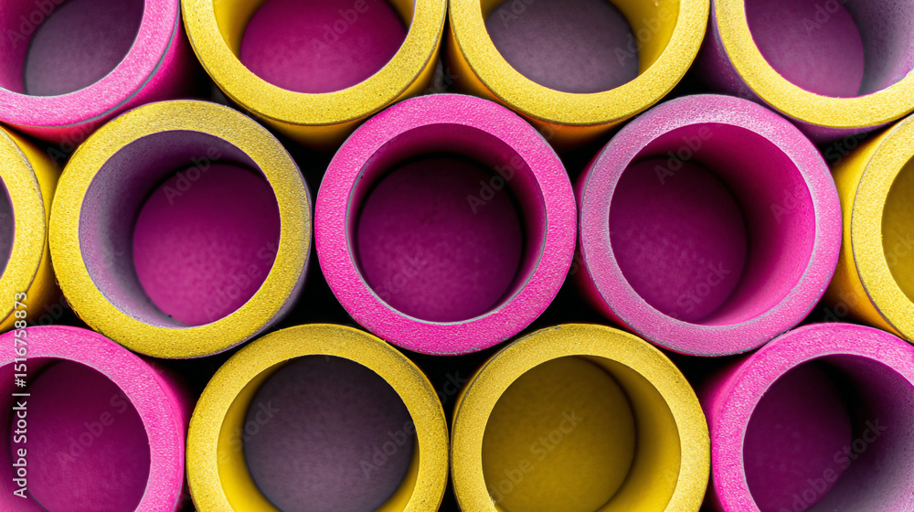 Poster close up of stacked pink and yellow tubes creating a vibrant and colorful abstract pattern design ar