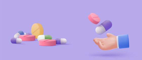 3d pharmacy drug for health pharmaceutical on purple background. Cartoon minimal of first aid and health care. Medical symbol of emergency help. 3d aid medicine icon vector render illustration