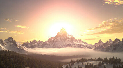 Obraz premium Breathtaking sunrise illuminates alpine peaks with golden light, as mist drifts through valleys below, creating serene and majestic mountain landscape