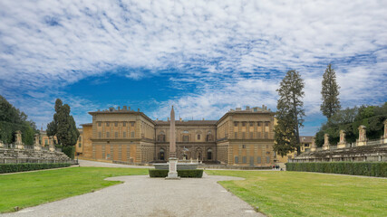 South facade of Palazzo Pitti with amphitheater, Egyptian obelisk, and fountain in Boboli Gardens, Florence, Italy.