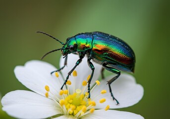 Fototapeta premium Photo of Iridescent beetle perched on a delicate white flower, showcasing its vibrant colors and intricate details in a natural outdoor setting, captured in a stunning macro shot