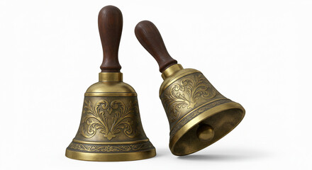 Vintage brass bell with wooden handle, isolated on white background