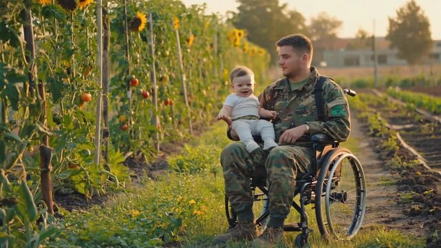 Soldier in a wheelchair with his baby.