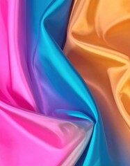 Pride Month Editorial AI Generated - Abstract colorful shiny fabric background with soft draped folds in pink blue and gold creating a vibrant and luxurious textile design for artistic applications.