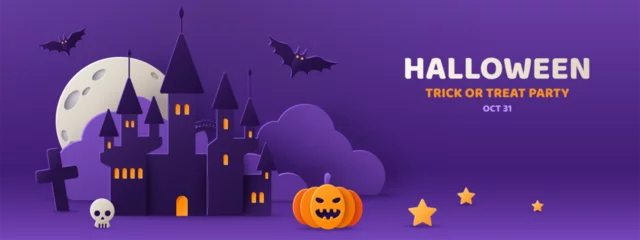 Fototapete Rund Warmes Lila Spooky Haunted House Paper cut poster. Vector illustration. Happy Halloween Scene, Full Moon, Bats. Place for text. Banner party invitation background, night clouds, scary castle and pumpkin lantern  © kotoffei