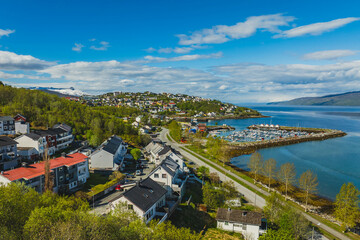 The city of Narvik in Norway seen from a drone. May.