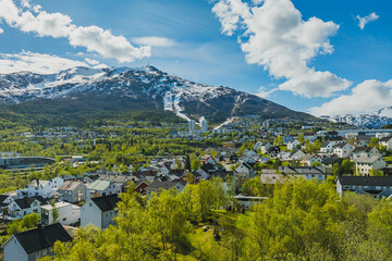 The city of Narvik in Norway seen from a drone. May.