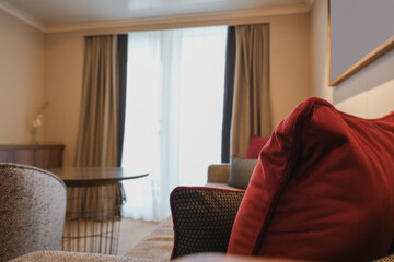 Luxurious mini suite stateroom cabin room onboard luxury cruise ship cruiseship ocean liner with...