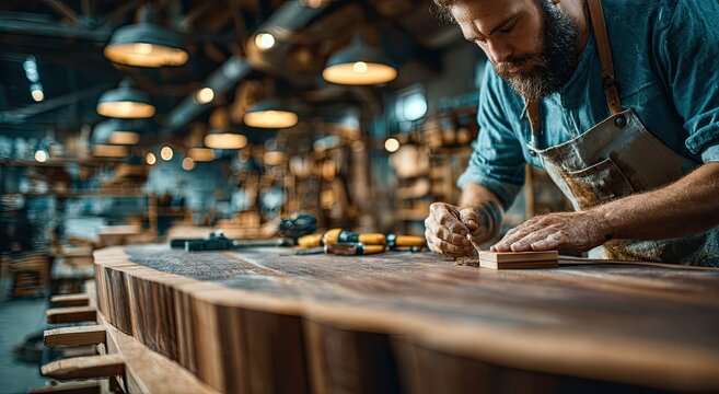 Bearded Carpenter Smoothing Wood With Tool in Workshop, Demonstrating Craftsmanship and Traditional Skills for Vocational Training Programs