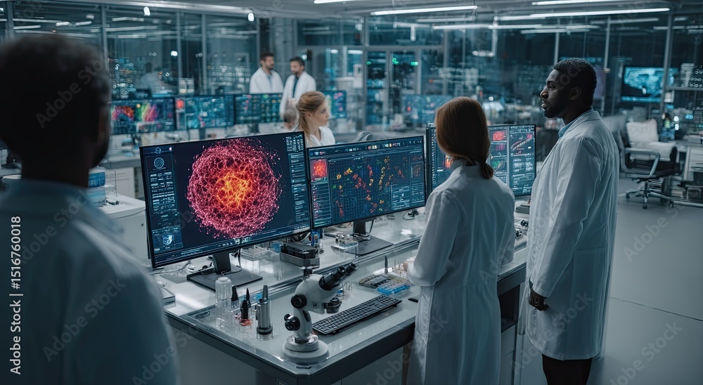 Aufkleber scientists analyzing data on computer screens in modern laboratory, representing medical breakthroug