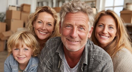 Fototapeta premium Happy Family Smiling After Moving Into New Home, Representing Relocation and Domestic Harmony With Generational Support