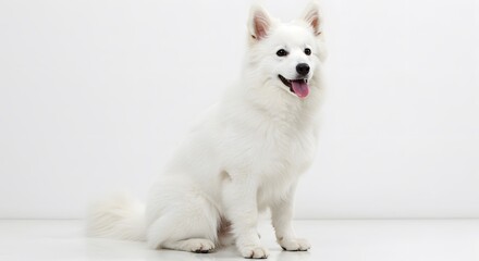 Happy White Japanese Spitz Dog Sitting on White Background
