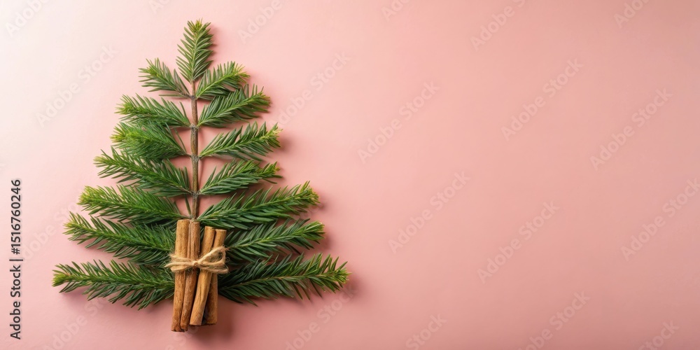 Poster a festive minimalist evergreen tree crafted from natural conifer branches and aromatic cinnamon stic