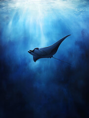 A manta ray gliding through the oceans depths, its wings creating ripples in the water. The soft light filtering from above highlights the rays elegant movement through the cool blue expanse.