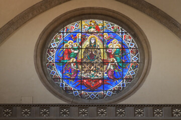 Stained glass window 'Assumption of the Virgin' by Lorenzo Ghiberti in Florence Cathedral, Italy,...