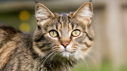 Fototapeta premium Close-up of a tabby cat with green eyes looking directly at the camera