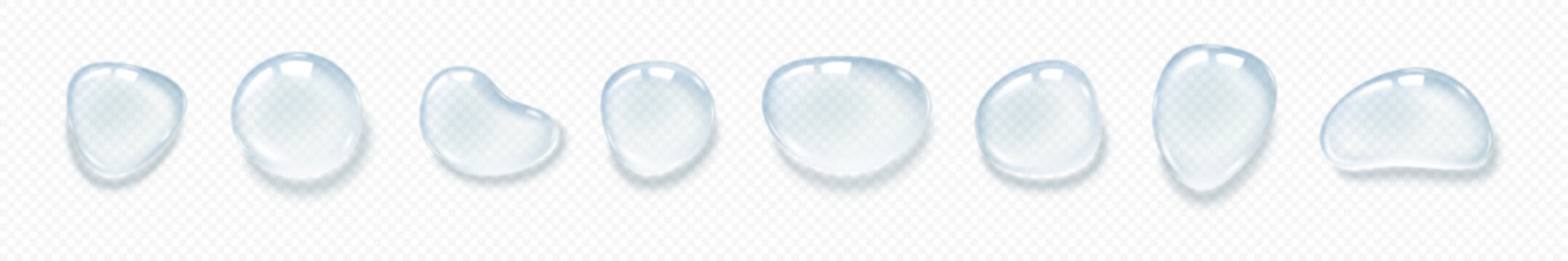 Water drop. Liquid clear droplet, serum or gel oil blob icon. 3d collagen transparent cosmetic, micellar spot, aqua fresh drop. Condensation raindrops. Vector realistic isolated set