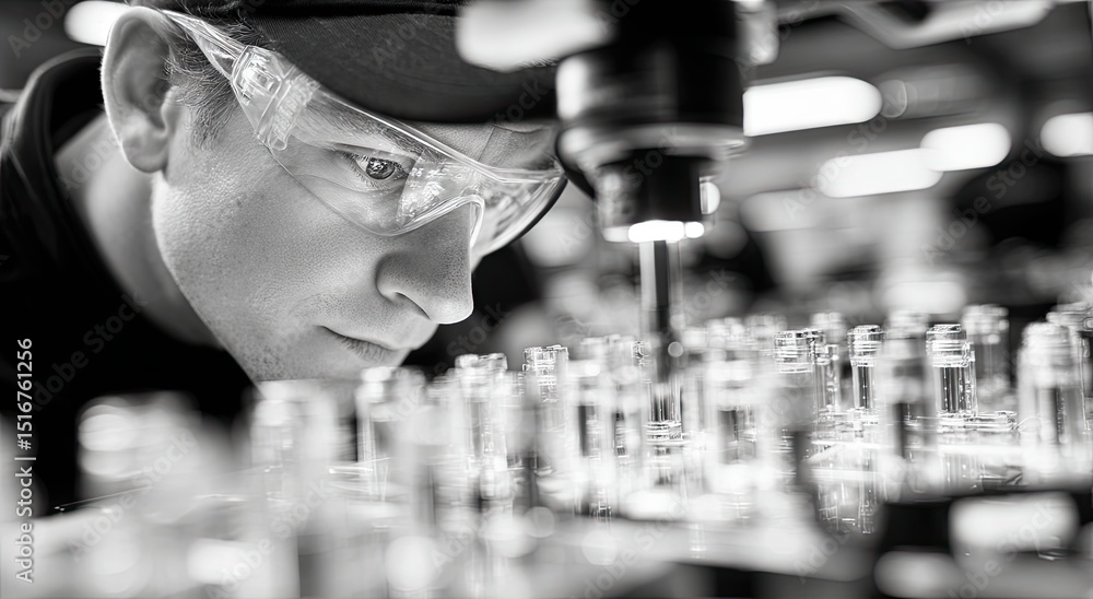 Poster factory worker inspecting glass vials on production line with precision, representing quality contro