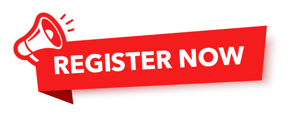 Megaphone with register now speech bubble. Loudspeaker. Banner for business, marketing and advertising. Vector illustration.