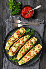 stuffed zucchini boats filled with bolognese sauce