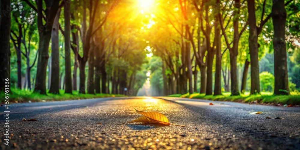 Poster golden sunlight illuminates a tree-lined path, a single leaf resting on the asphalt