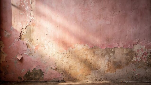 A Weathered Wall with Sunlight Illuminating Flaking Pink Plaster and Exposed Underlayer