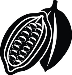 Cocoa Bean Delight: An artistic rendering of halved cocoa bean, rich in chocolate potential, set against cocoa bean, in minimalist monochrome design.