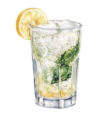 Gin fizz cocktail with ice cubes, lemon slice and mint leaves in a highball glass. Watercolor illustration isolated on transparent background. Classic gin-based drink. Summer refreshment and bar menu 