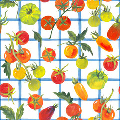 Trendy seamless summer pattern featuring colorful tomatoes on a checkered background, painted in vibrant acrylic style. This playful tropical-inspired design is perfect for fashion, fabric, textiles