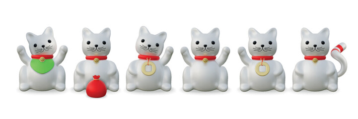3D Japan cat. Japanese lucky animal. Chinese gold money character or China kitty. Maneki neko figurine. Traditional prosperity talisman. Folklore mammal. Vector ceramic kittens set
