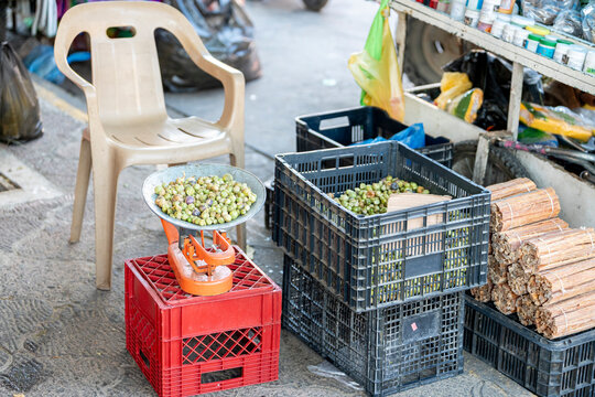 rural sales stand of green tomato and ocote branches
