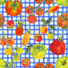 Trendy seamless summer pattern featuring colorful tomatoes on a checkered background, painted in vibrant acrylic style. This playful tropical-inspired design is perfect for fashion, fabric, textiles