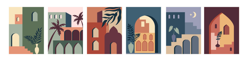 Naklejka premium Morocco architecture. Abstract Moroccan landscape, tropical boho or minimalist geometric arch, modern buildings, style frames with desert. Minimalistic isolated background. Vector print