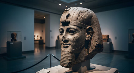 Egyptian Pharaoh Sculpture in Museum. Ancient Stone Head, Artefact, History, Culture, Architecture.