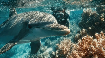 Fototapeta premium Dolphin Swimming Underwater Near Coral Reef With Scuba Diver, Representing Marine Conservation and Ocean Exploration