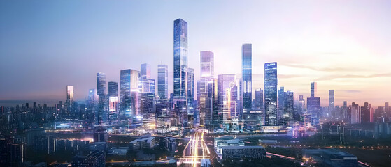 Fototapeta premium Futuristic City Skyline At Dusk