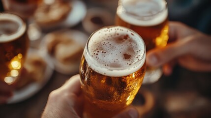 Two glasses of beer clinking together in a cheerful gathering, symbolizing friendship and celebration as people enjoy their time together in a relaxed atmosphere.